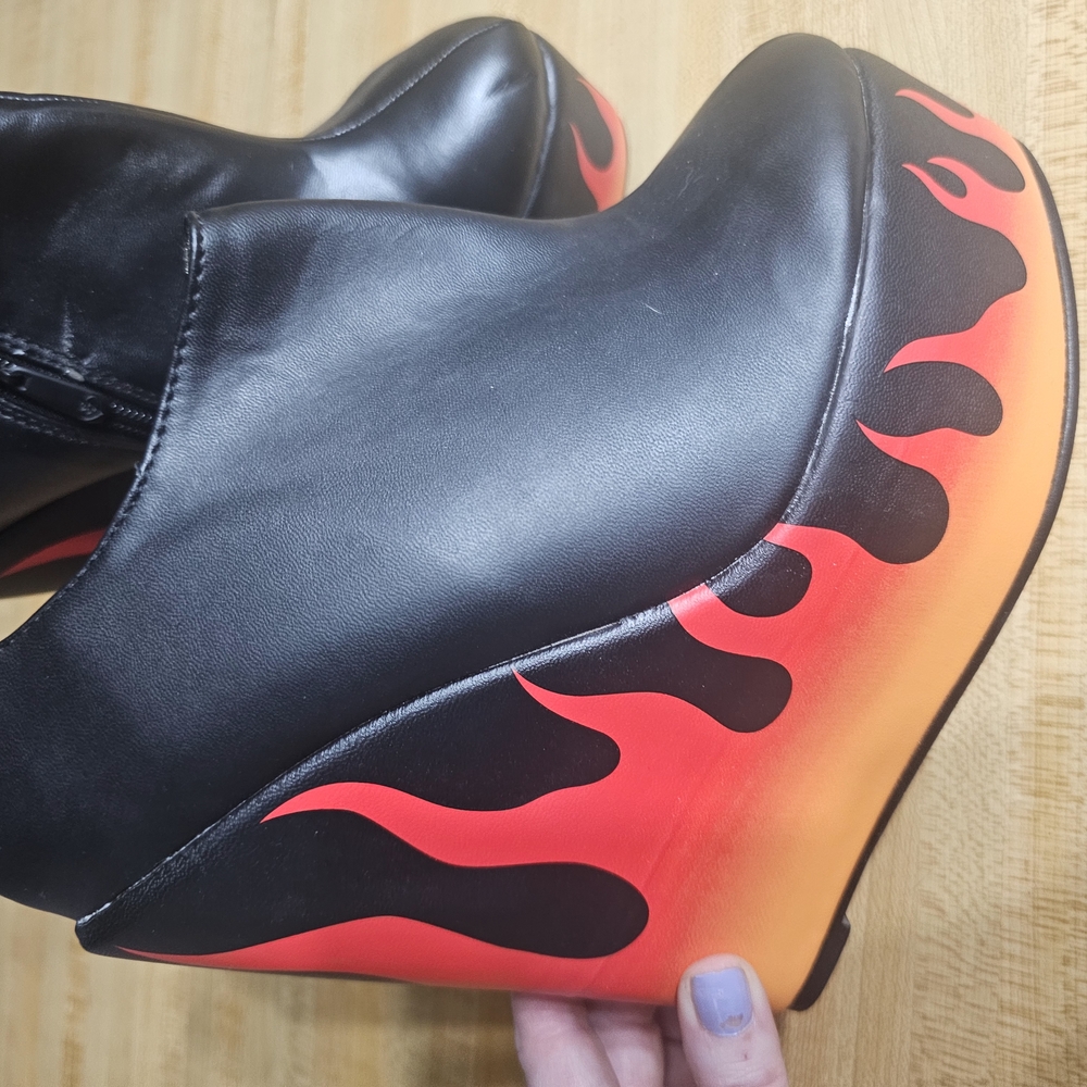 Black and Red Flame Wedge Ankle Boots